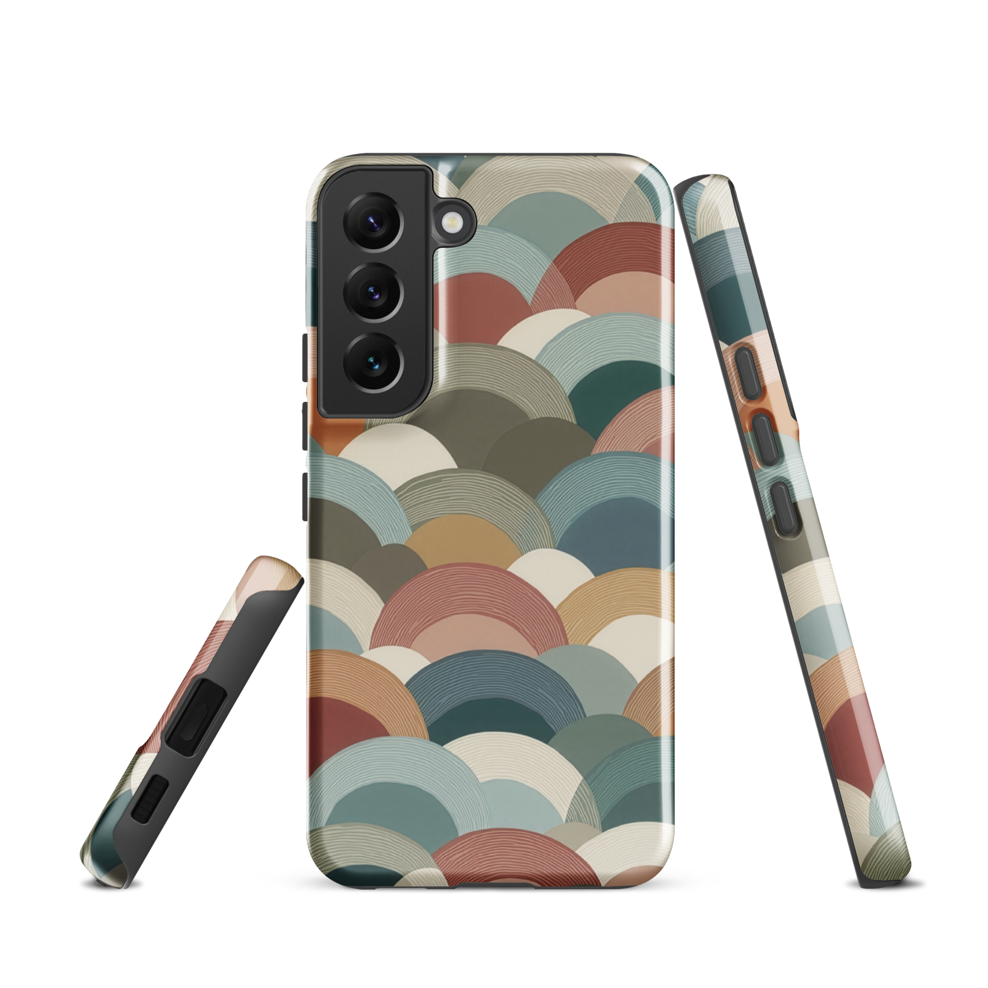 A soft retro-inspired phone case featuring layered arc shapes in warm, earthy tones.