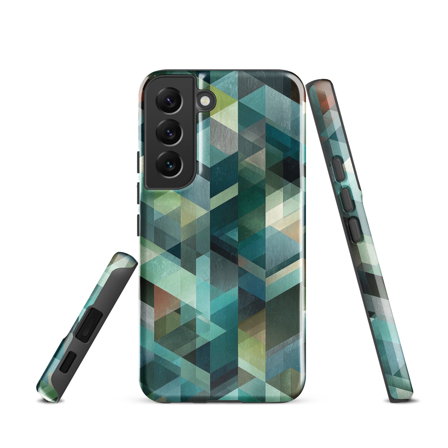 Modern abstract geometric phone case in teal and blue tones with layered retro-inspired shapes.