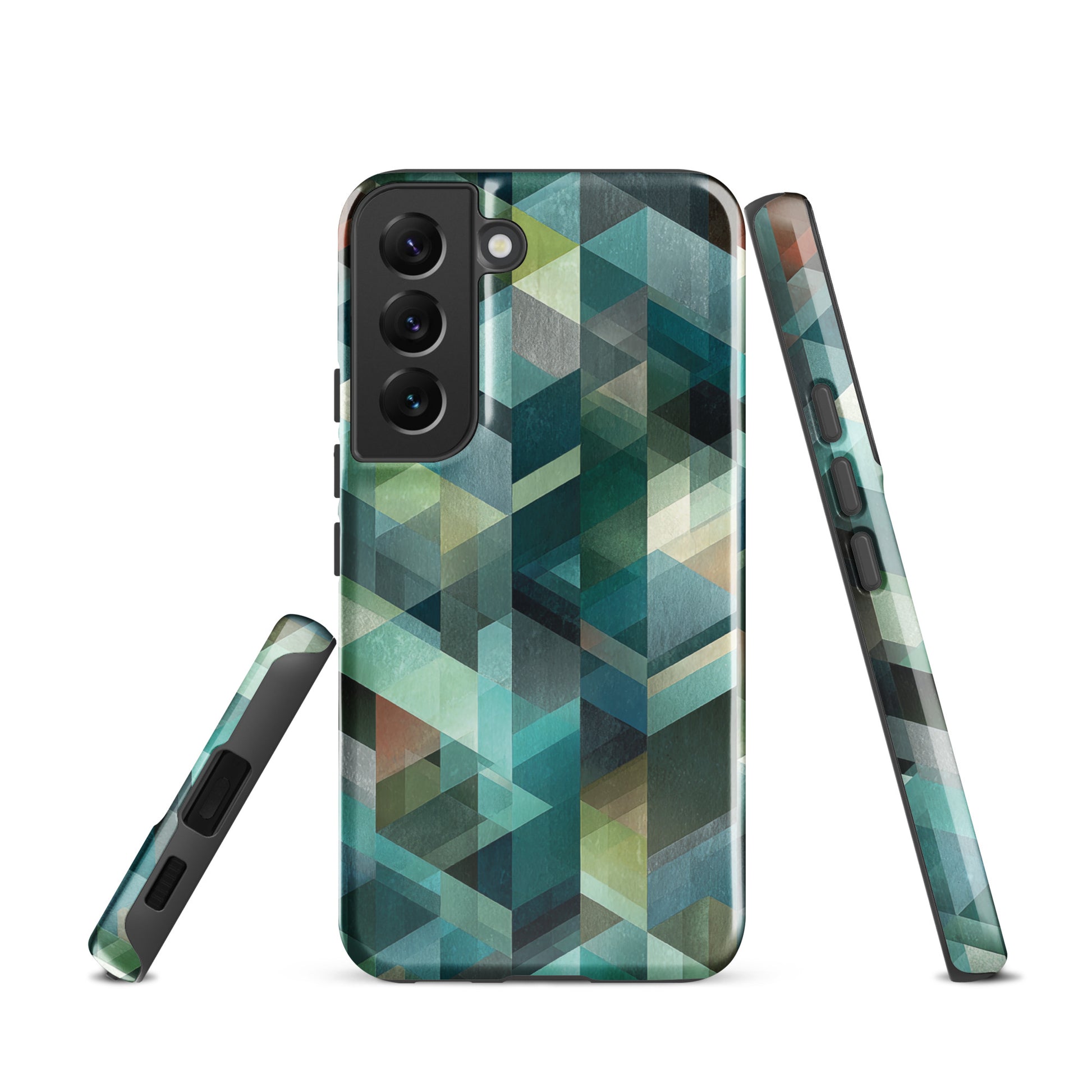 Modern abstract geometric phone case in teal and blue tones with layered retro-inspired shapes.