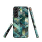 Modern abstract geometric phone case in teal and blue tones with layered retro-inspired shapes.