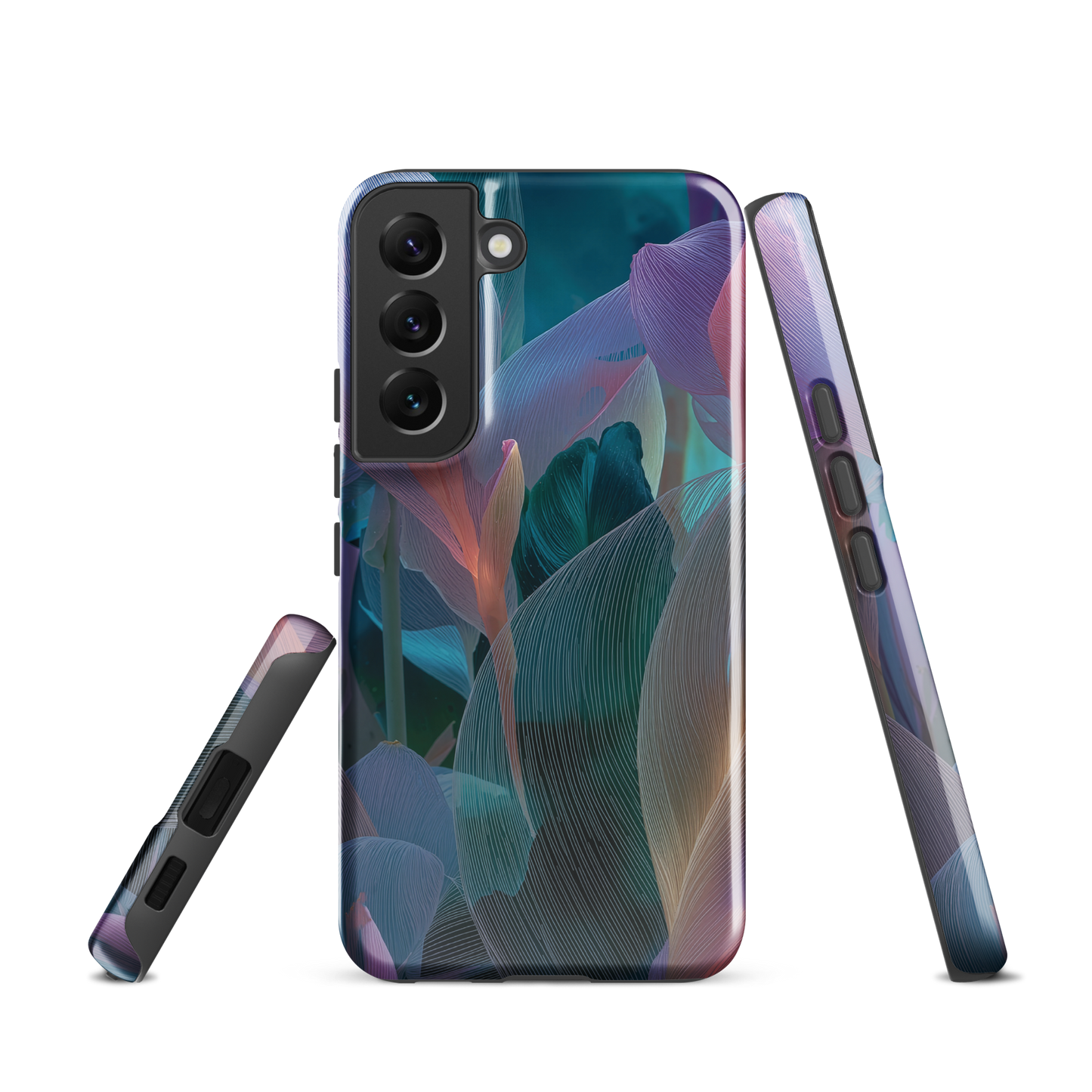 Ethereal abstract floral designer phone case in pastel pink, lilac and teal tones
