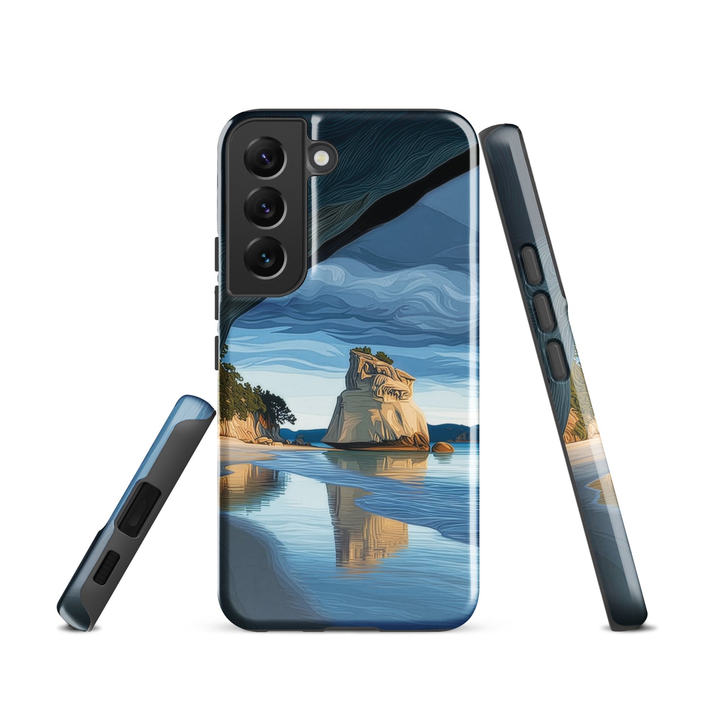 Artistic Cathedral Cove coastal designer phone case with arch rock, blue ocean and golden cliffs