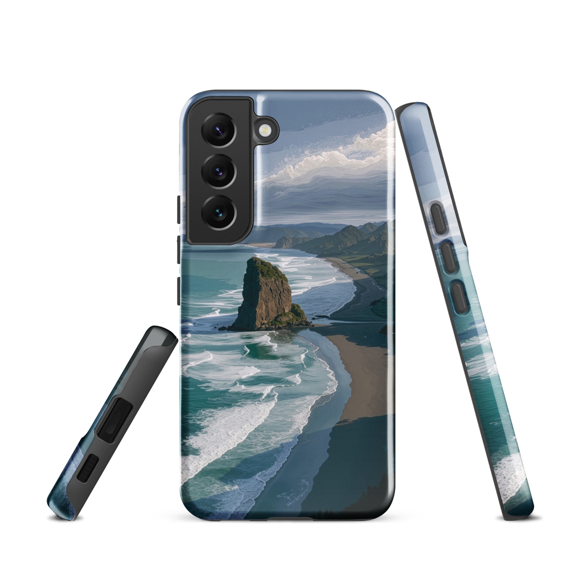 Piha Beach Lion Rock designer phone case with turquoise waves and dramatic NZ coastline