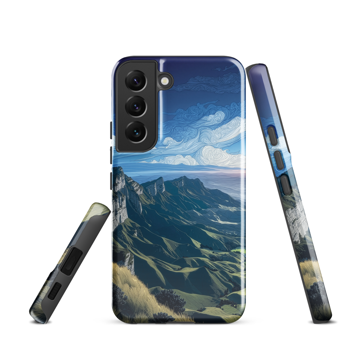 Te Mata Peak designer phone case with Hawke’s Bay cliffs, rolling green hills and dramatic swirling sky