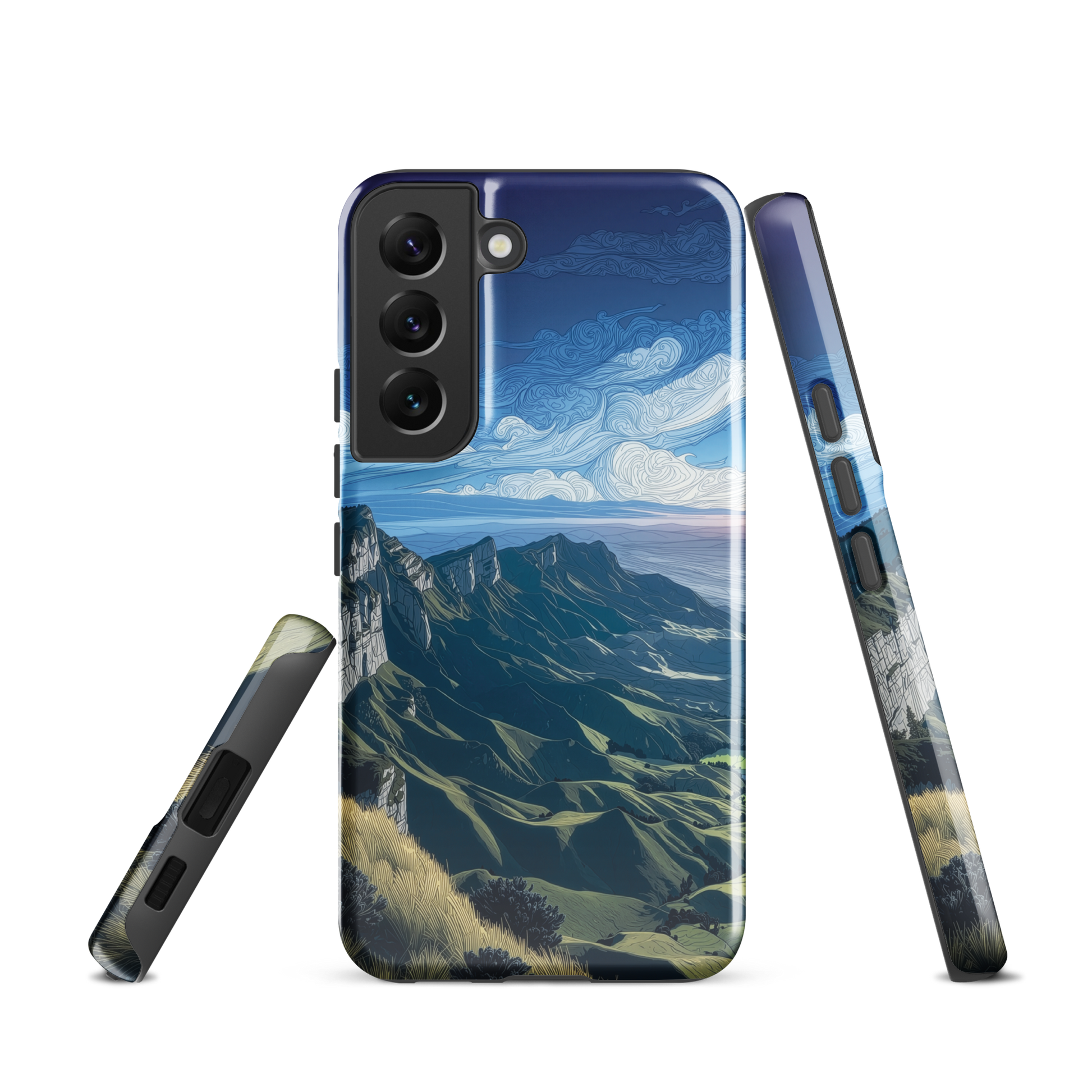 Te Mata Peak designer phone case with Hawke’s Bay cliffs, rolling green hills and dramatic swirling sky