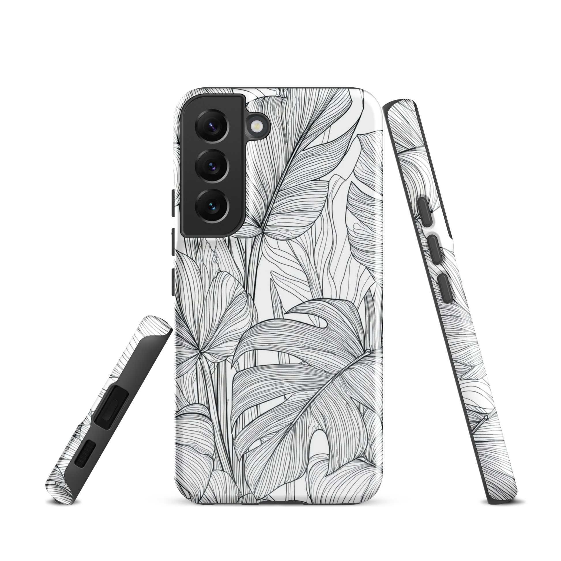 Minimal black and white tropical leaf designer phone case with detailed botanical line art