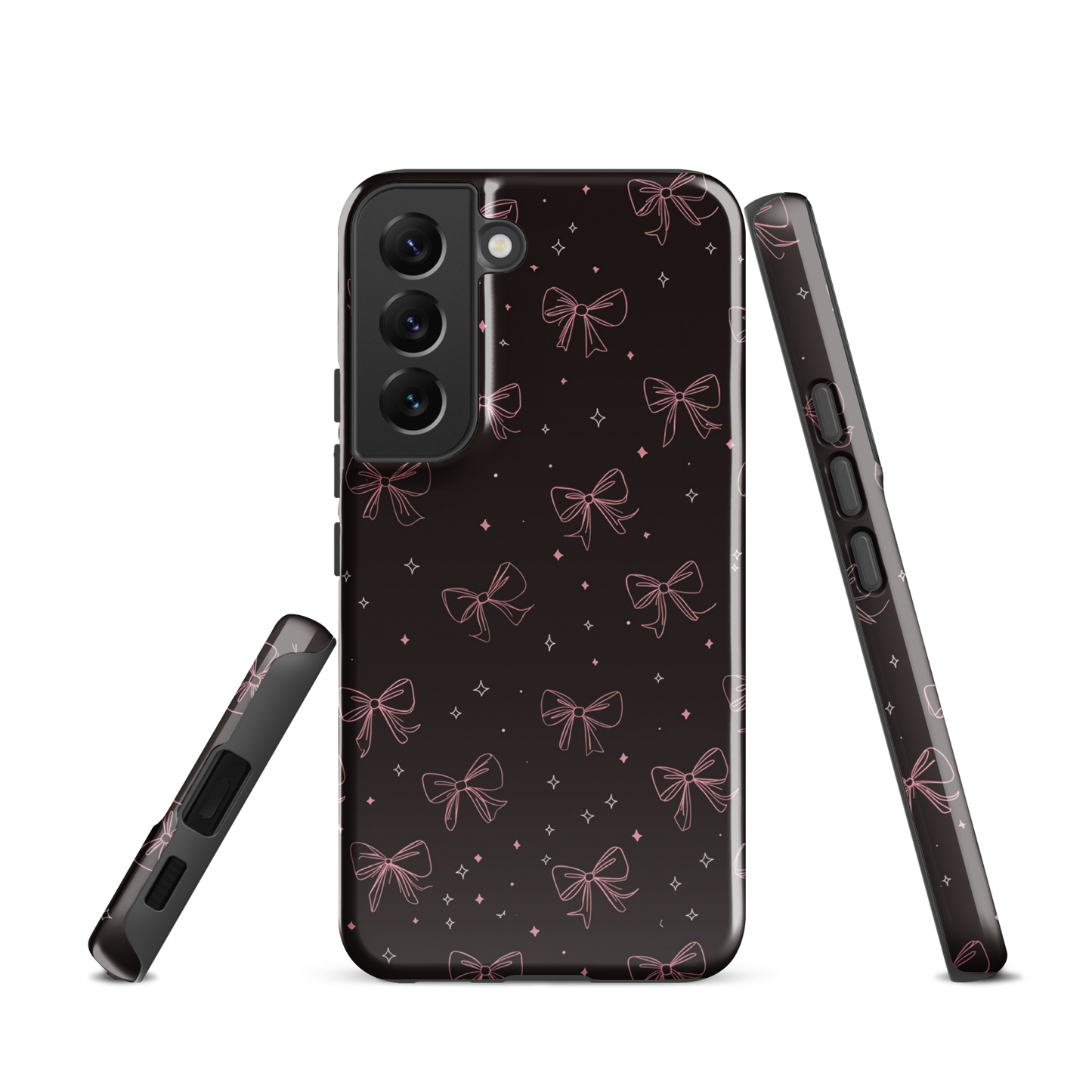 Midnight Bow seamless repeat pattern — pink hand-drawn ribbon bows and sparkle stars on a black background