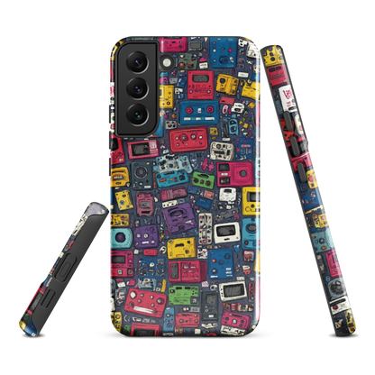 'Arcade' Samsung case, featuring a vibrant collage of hand-drawn controllers in bold, vintage-inspired colours. From electric blue and hot pink to classic black and yellow