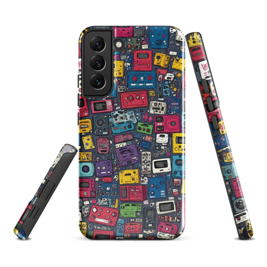 'Arcade' Samsung case, featuring a vibrant collage of hand-drawn controllers in bold, vintage-inspired colours. From electric blue and hot pink to classic black and yellow
