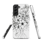 Black and white floral phone case with hand-drawn lilies and wildflowers