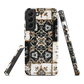 Moroccan tile pattern phone case in black, white, and gold tones with vintage-inspired design.