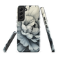 Black and white floral phone case featuring a soft, moody peony design by New Zealand artist Ben Hart.