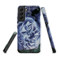 Designer phone case with a bold blue rose artwork and glossy finish.
