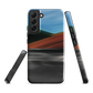 Phone case with abstract red, green, and blue heat wave landscape design.