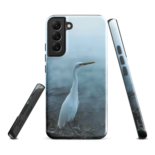 'White Heron in the mist' Samsung Galaxy S22 Plus tough phone case - protective glossy case NZ Australia
