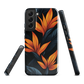 Phone case with bold orange bird of paradise flowers on dark background.