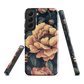 Phone case with vintage-style pink roses and bees on dark background, floral New Zealand artwork.