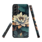 Phone case with ivory water lily, green leaves, and butterfly accents on dark background