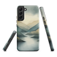 Phone case with soft mountain and valley design in misty green, blue, and golden tones