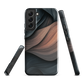 Phone case with flowing abstract design in black, copper and charcoal tones, inspired by dusk shadows