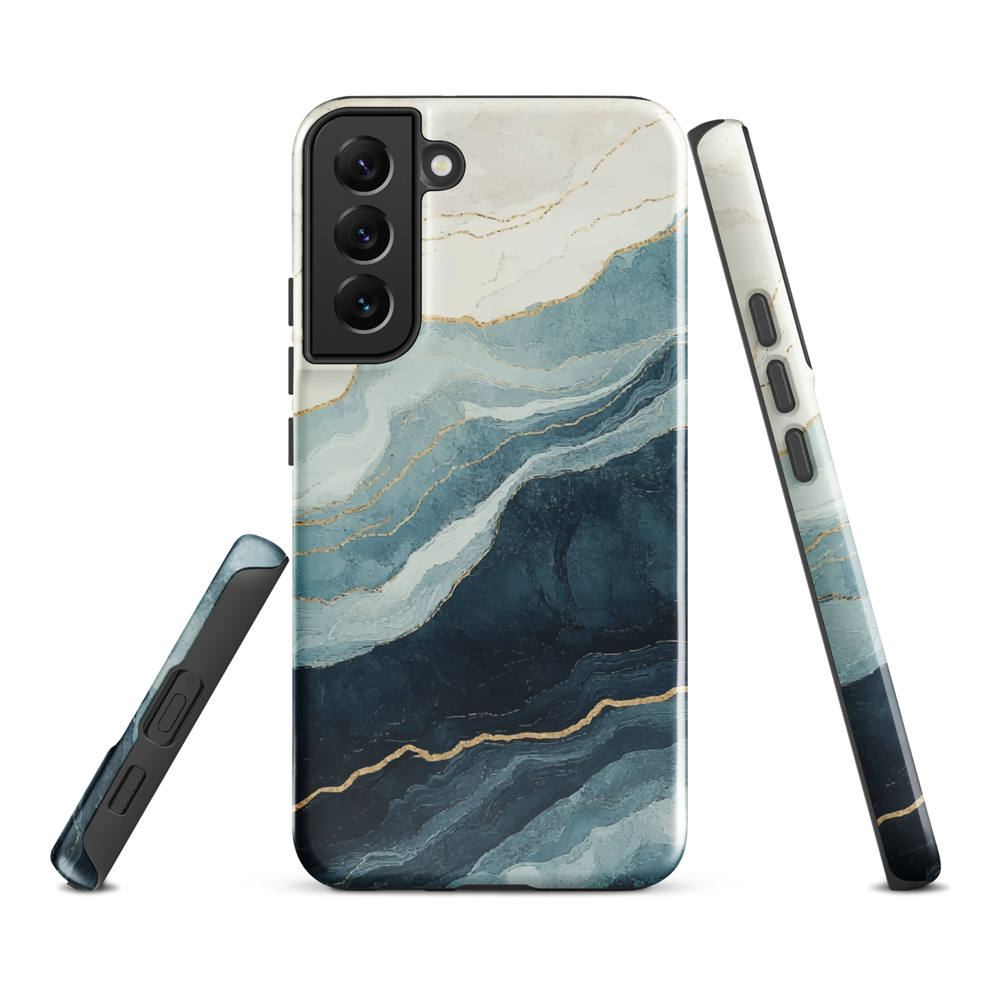 An elegant abstract phone case inspired by layered coastal forms in blue and teal tones.