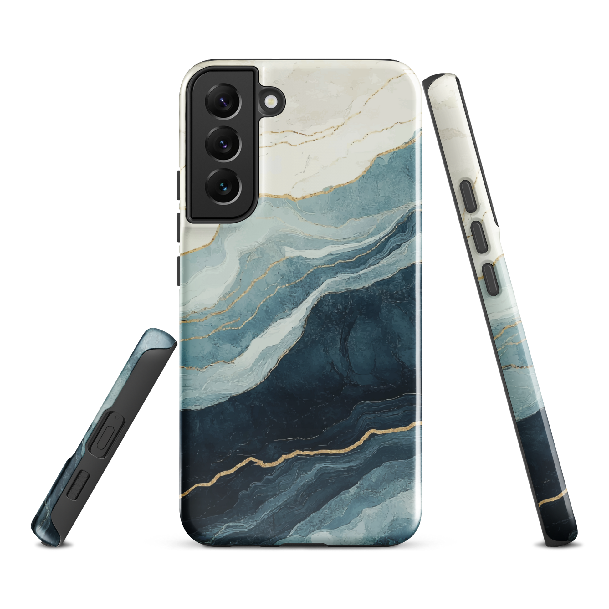 An elegant abstract phone case inspired by layered coastal forms in blue and teal tones.