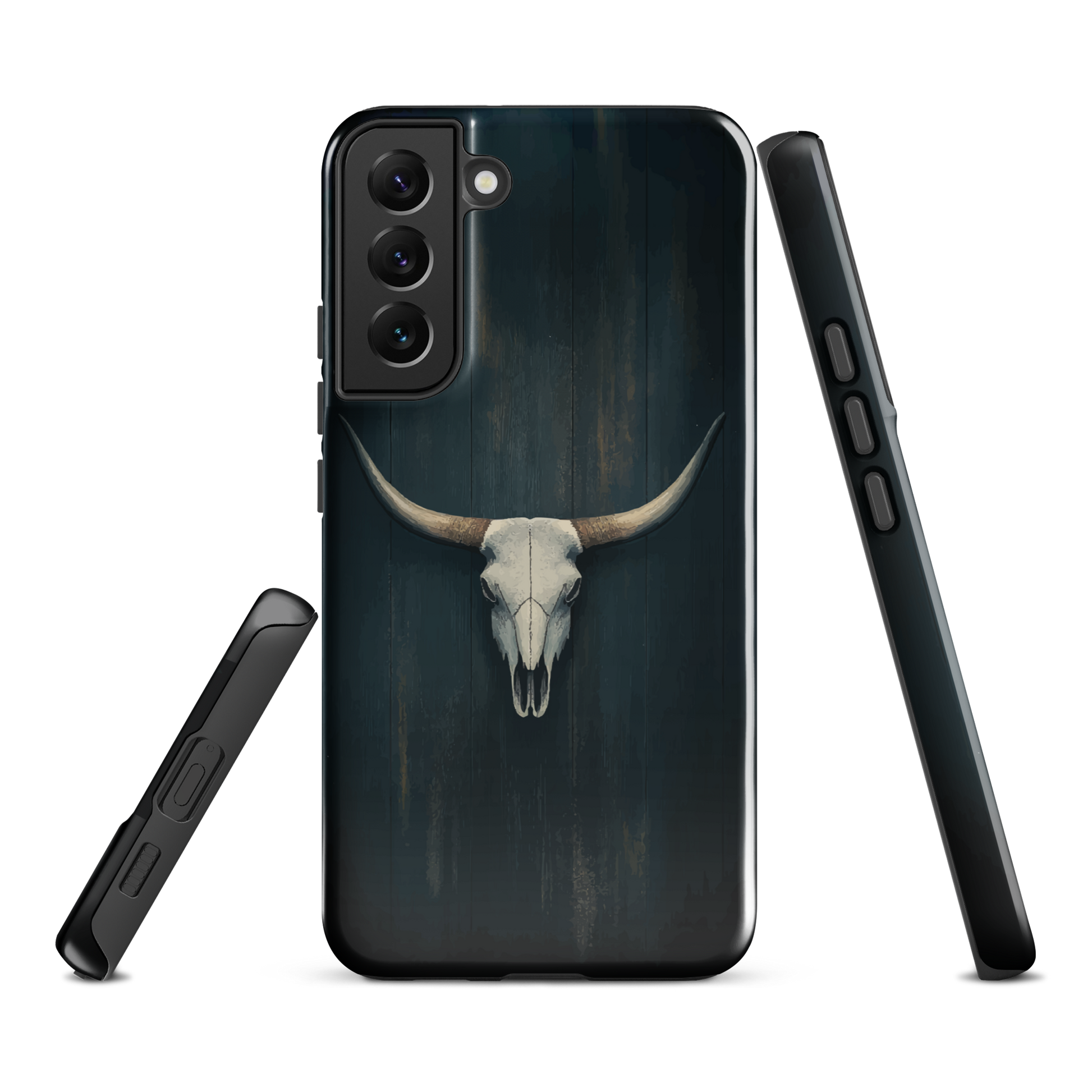 Longhorn skull set against a dark, textured backdrop - protective phone case.