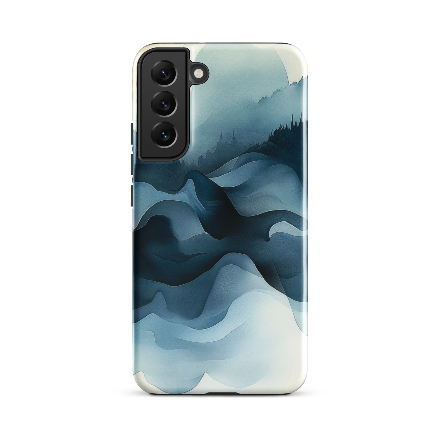 A calming abstract landscape phone case inspired by quiet valleys and soft blue tones.