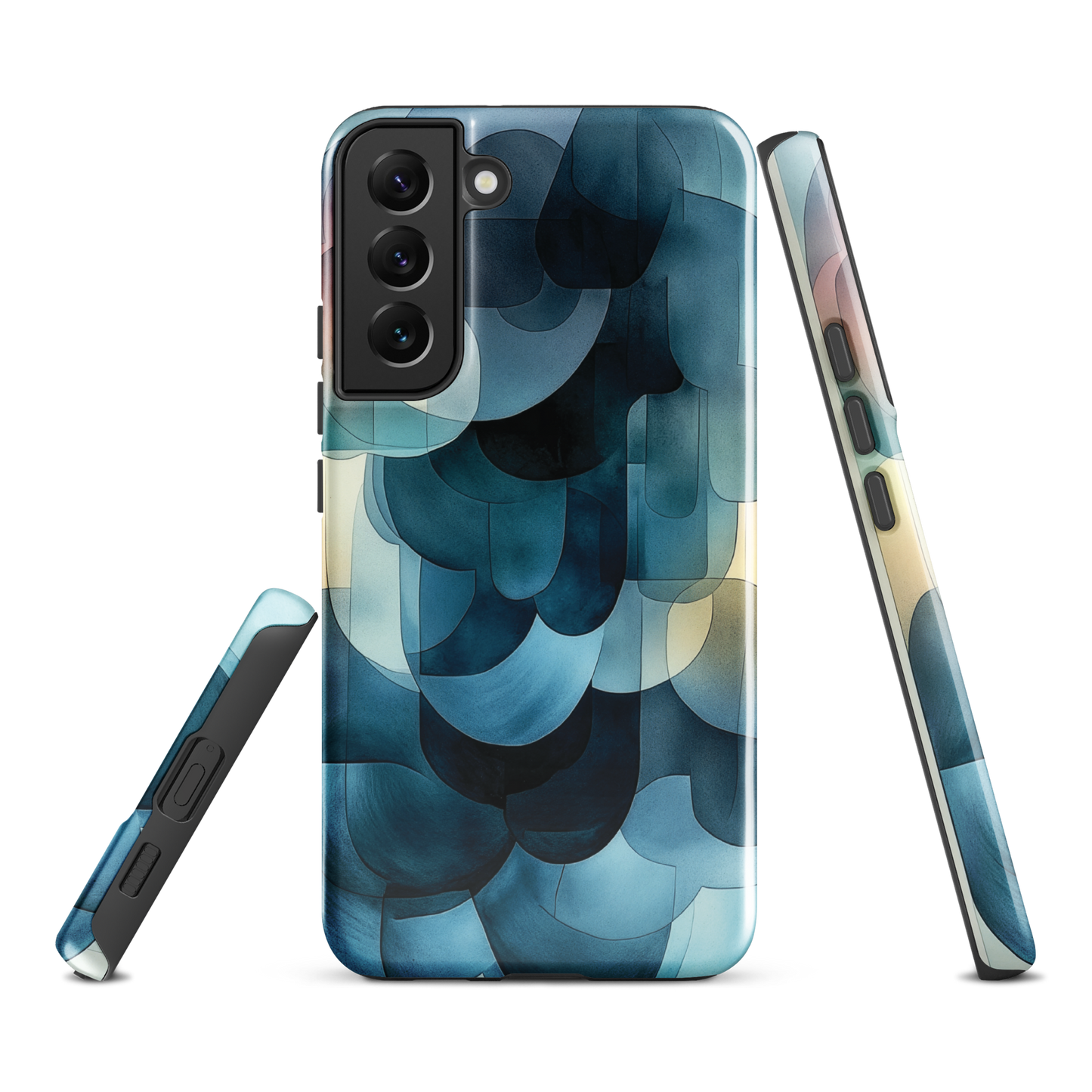 A modern abstract phone case featuring layered blue forms and soft flowing shapes.