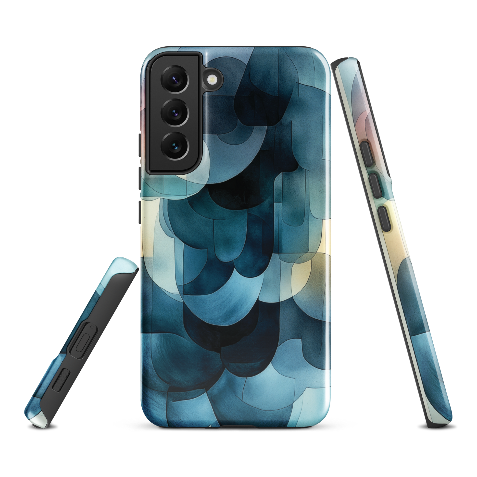 A modern abstract phone case featuring layered blue forms and soft flowing shapes.