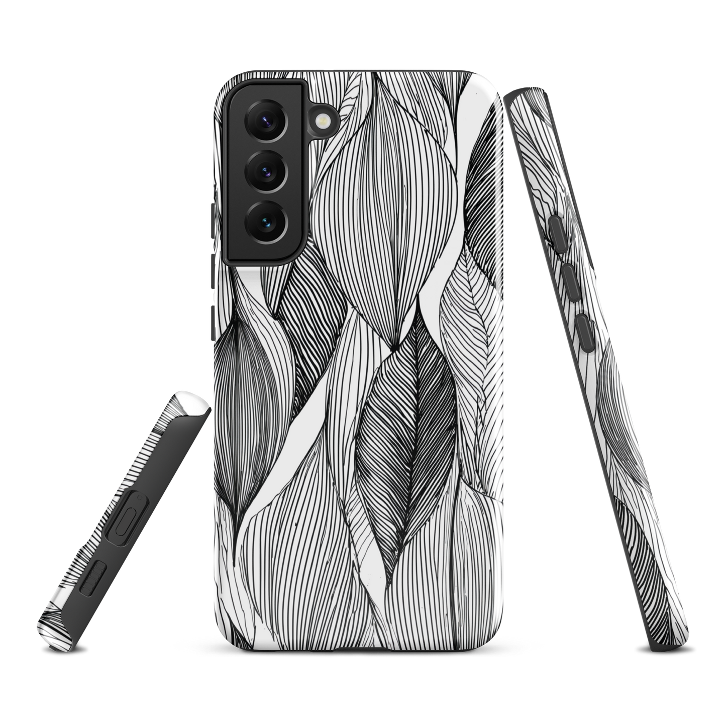 A minimalist phone case featuring fine black botanical linework in a repeating leaf pattern.