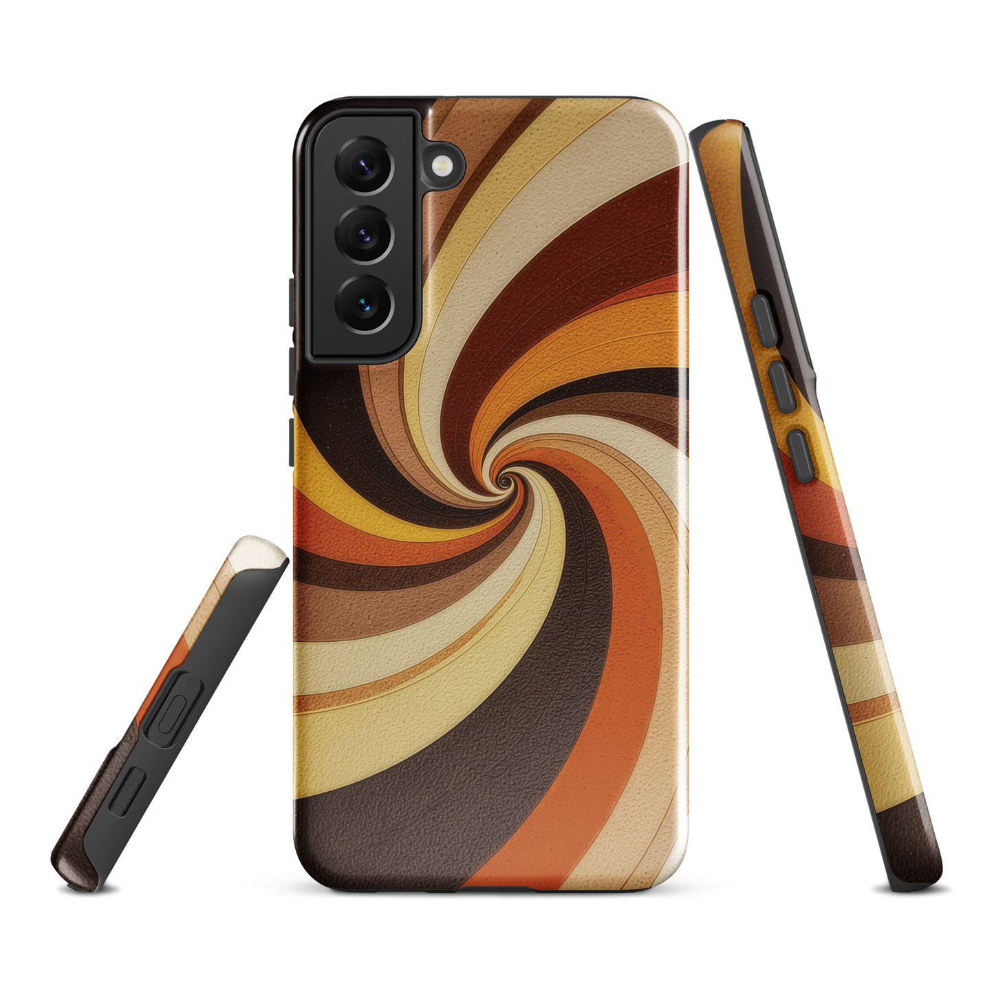 A retro-inspired phone case featuring warm swirling patterns in orange, yellow, and brown tones.