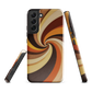 A retro-inspired phone case featuring warm swirling patterns in orange, yellow, and brown tones.