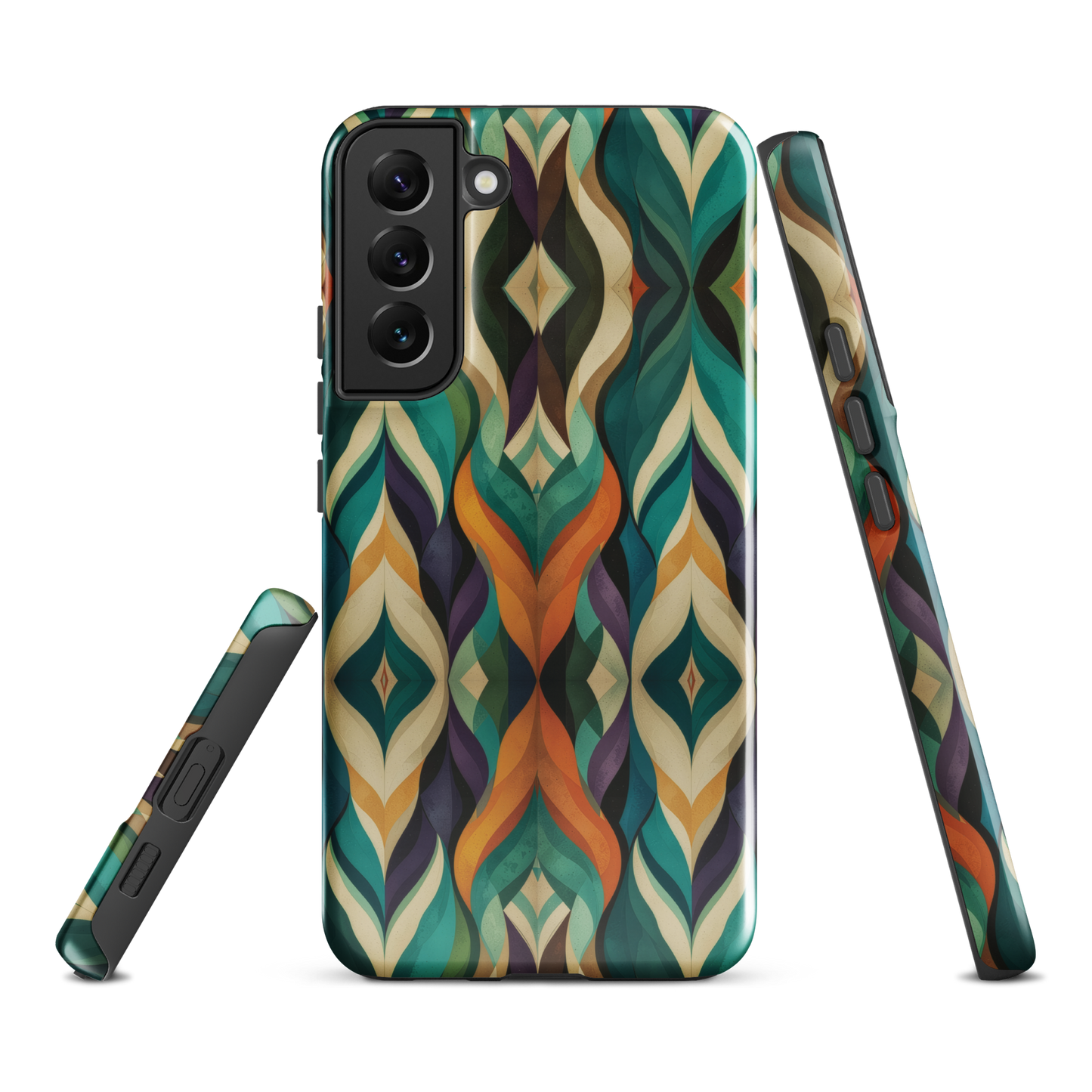 A bold geometric phone case featuring layered shapes in rich, earthy tones.