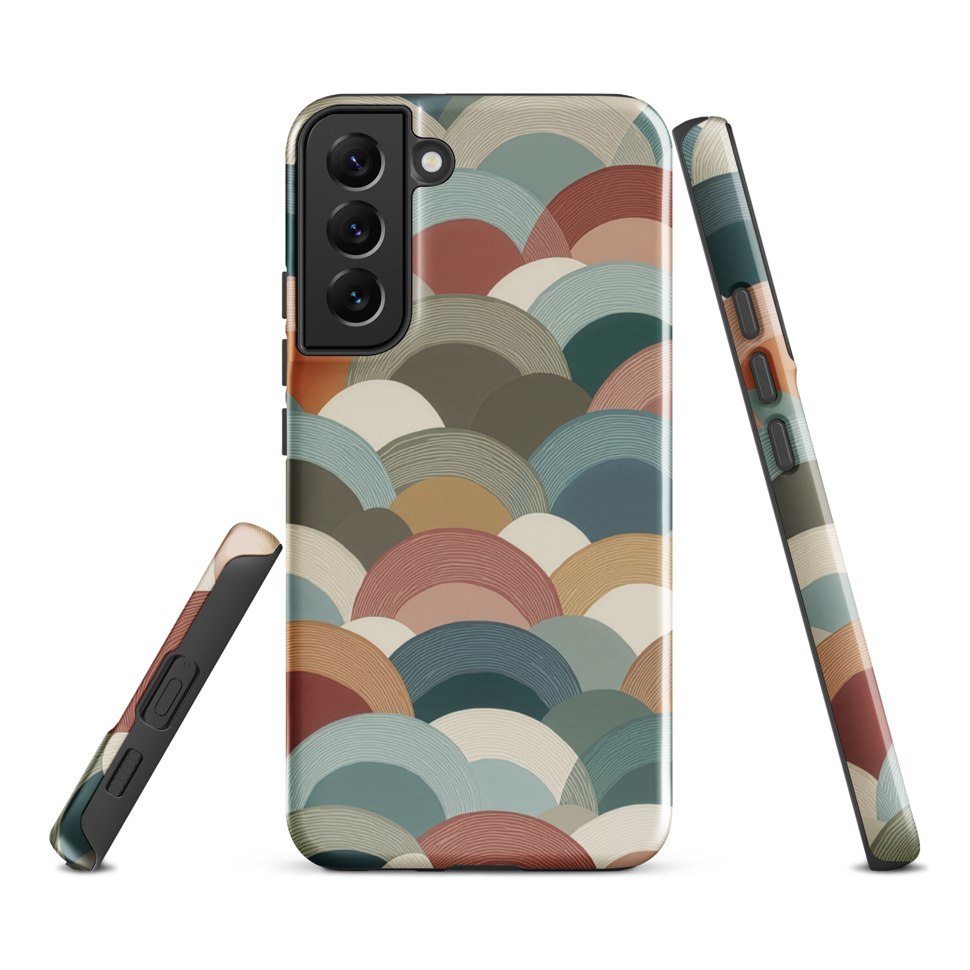A soft retro-inspired phone case featuring layered arc shapes in warm, earthy tones.