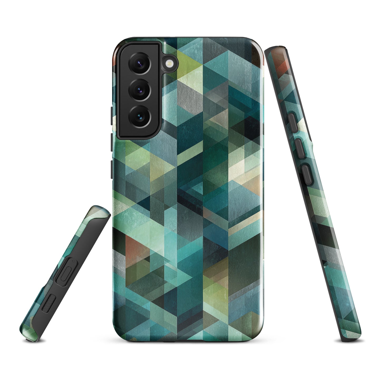 Modern abstract geometric phone case in teal and blue tones with layered retro-inspired shapes.