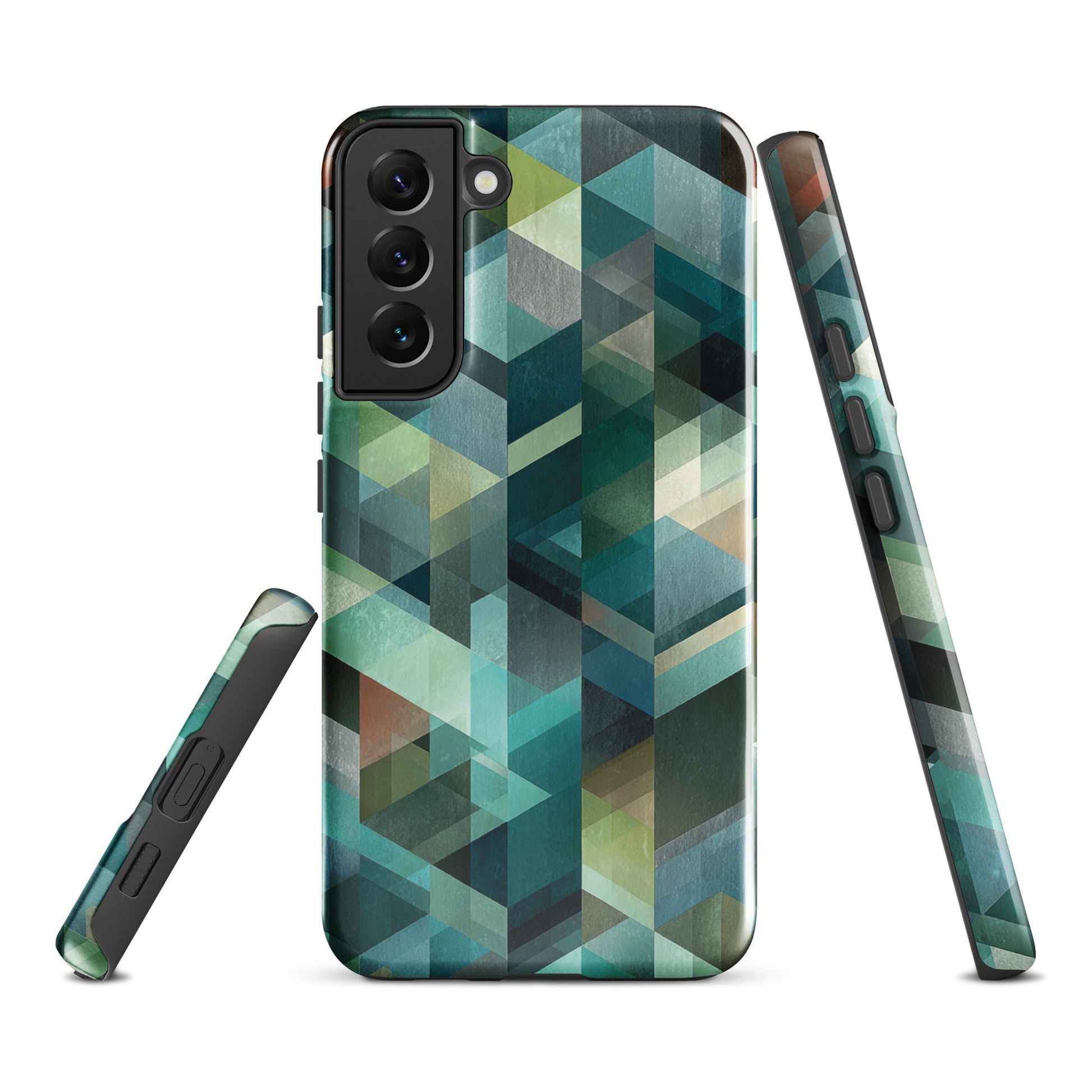 Modern abstract geometric phone case in teal and blue tones with layered retro-inspired shapes.