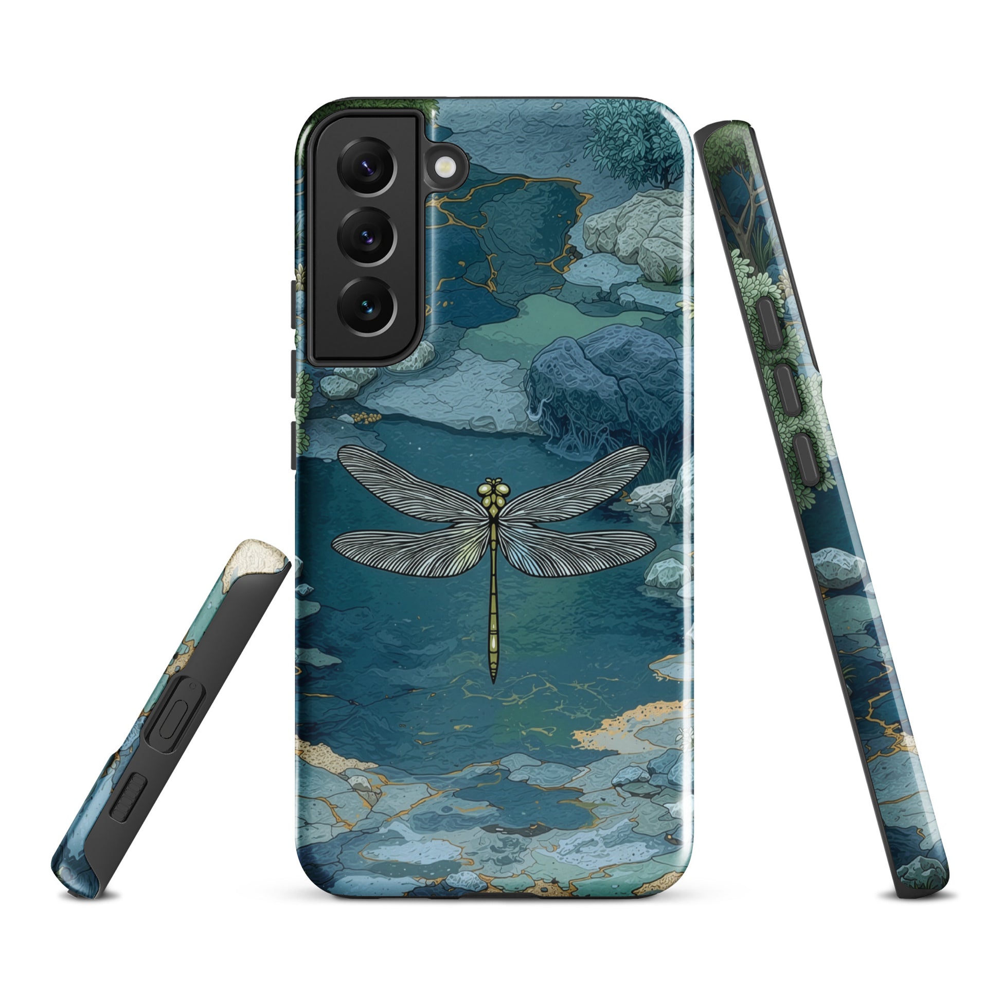 Nature-inspired phone case featuring a dragonfly over calm water with blue and green forest tones.
