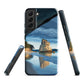 Artistic Cathedral Cove coastal designer phone case with arch rock, blue ocean and golden cliffs