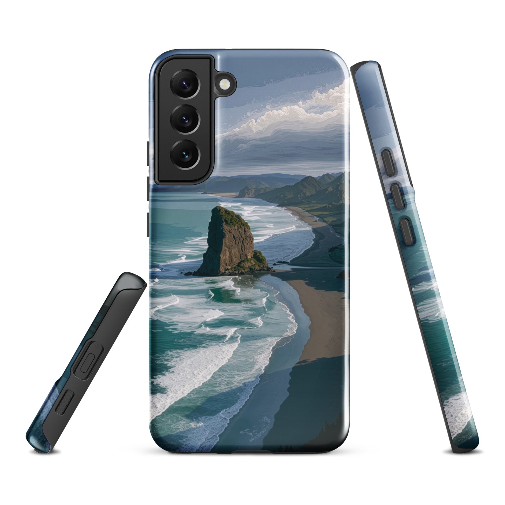 Piha Beach Lion Rock designer phone case with turquoise waves and dramatic NZ coastline