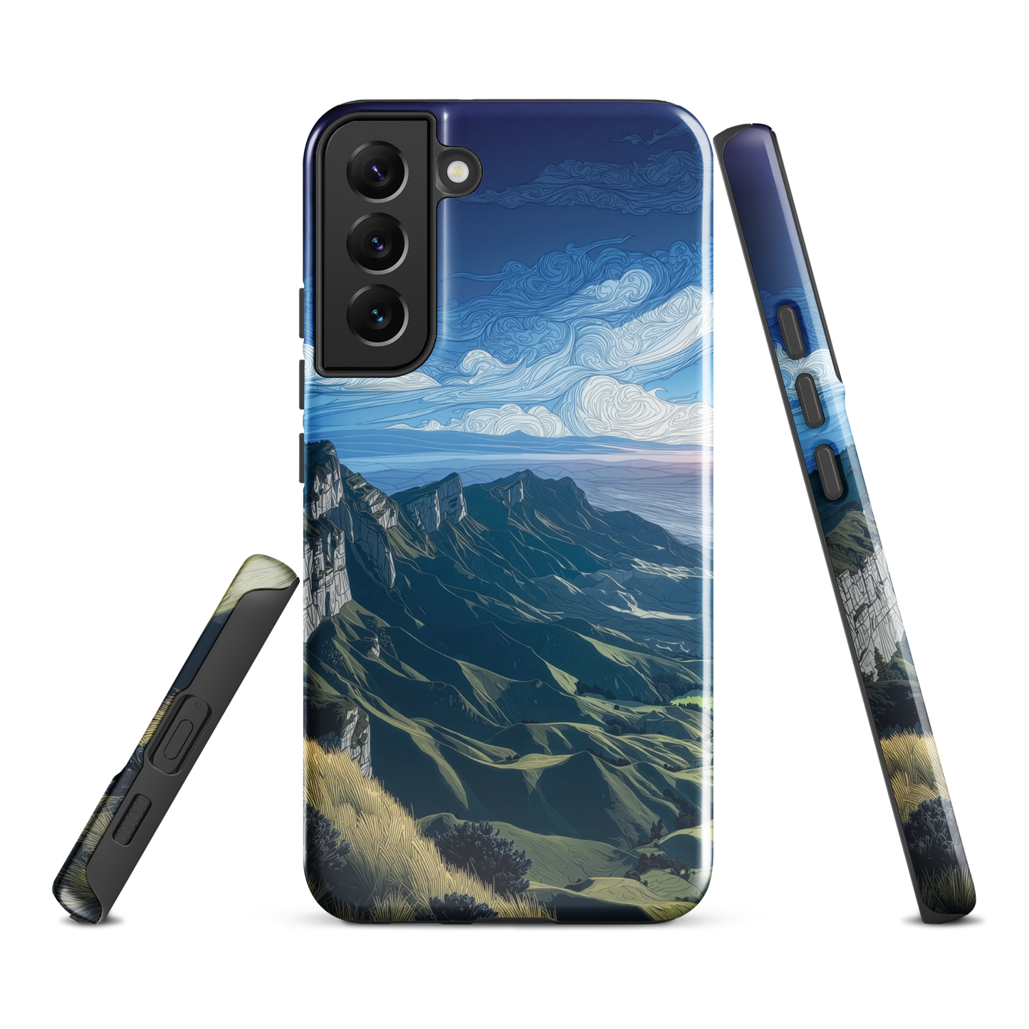 Te Mata Peak designer phone case with Hawke’s Bay cliffs, rolling green hills and dramatic swirling sky