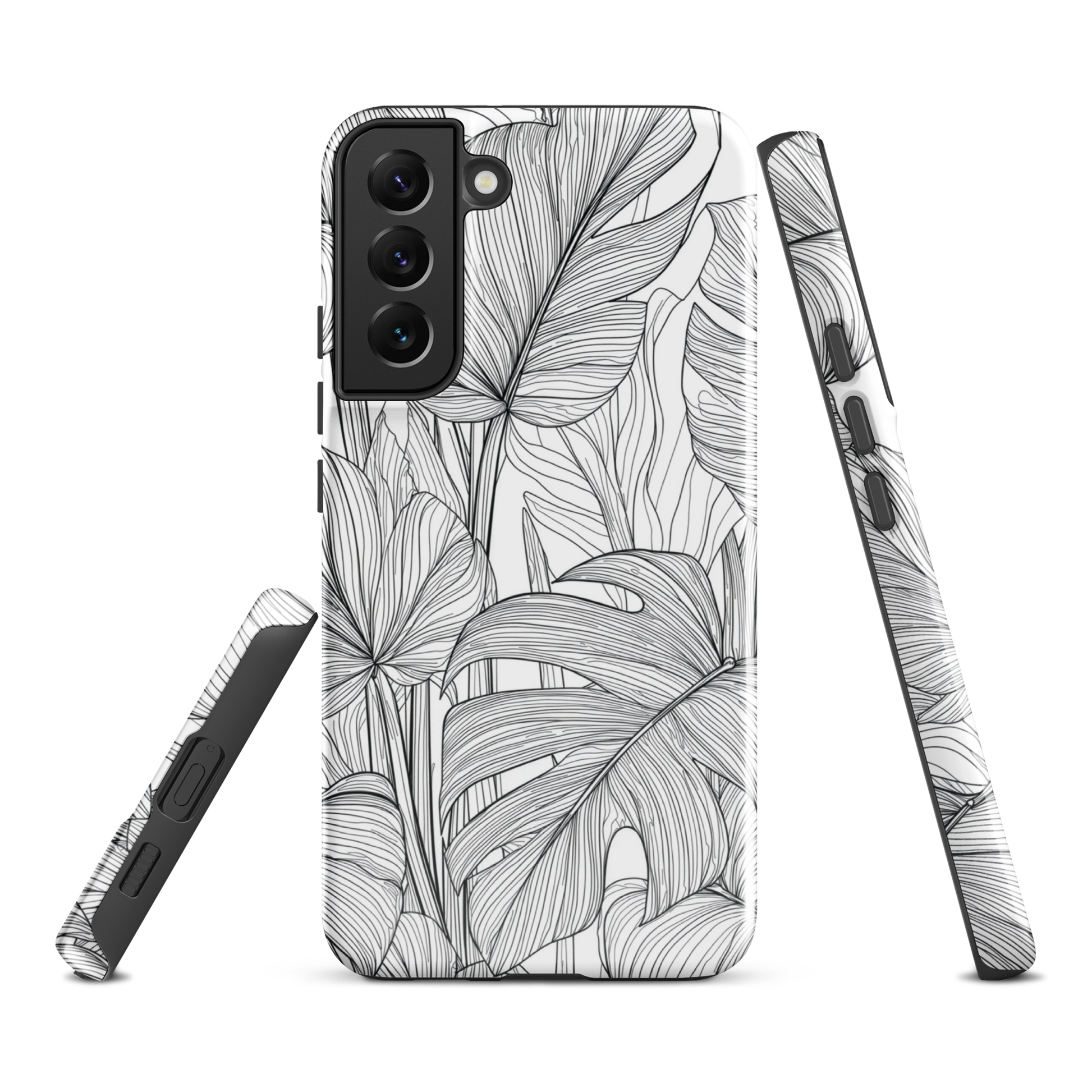Minimal black and white tropical leaf designer phone case with detailed botanical line art