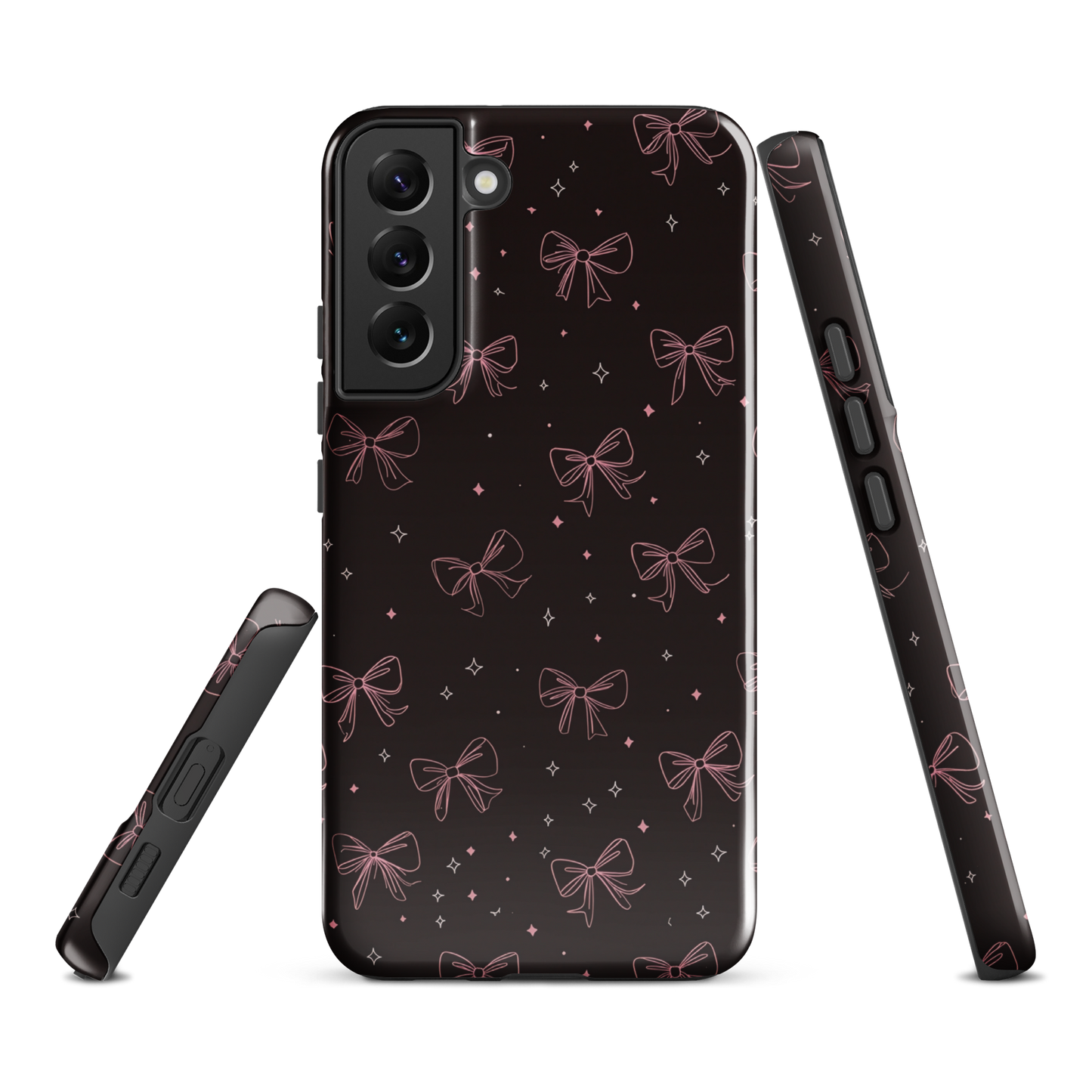 Midnight Bow seamless repeat pattern — pink hand-drawn ribbon bows and sparkle stars on a black background