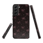 Midnight Bow seamless repeat pattern — pink hand-drawn ribbon bows and sparkle stars on a black background