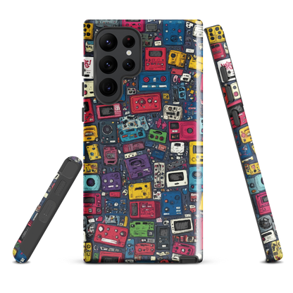 'Arcade' Samsung case, featuring a vibrant collage of hand-drawn controllers in bold, vintage-inspired colours. From electric blue and hot pink to classic black and yellow