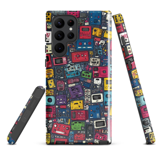 'Arcade' Samsung case, featuring a vibrant collage of hand-drawn controllers in bold, vintage-inspired colours. From electric blue and hot pink to classic black and yellow