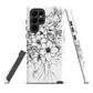 Black and white floral phone case with hand-drawn lilies and wildflowers