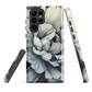 Black and white floral phone case featuring a soft, moody peony design by New Zealand artist Ben Hart.