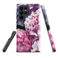 Designer phone case with pink and purple hydrangea floral artwork.