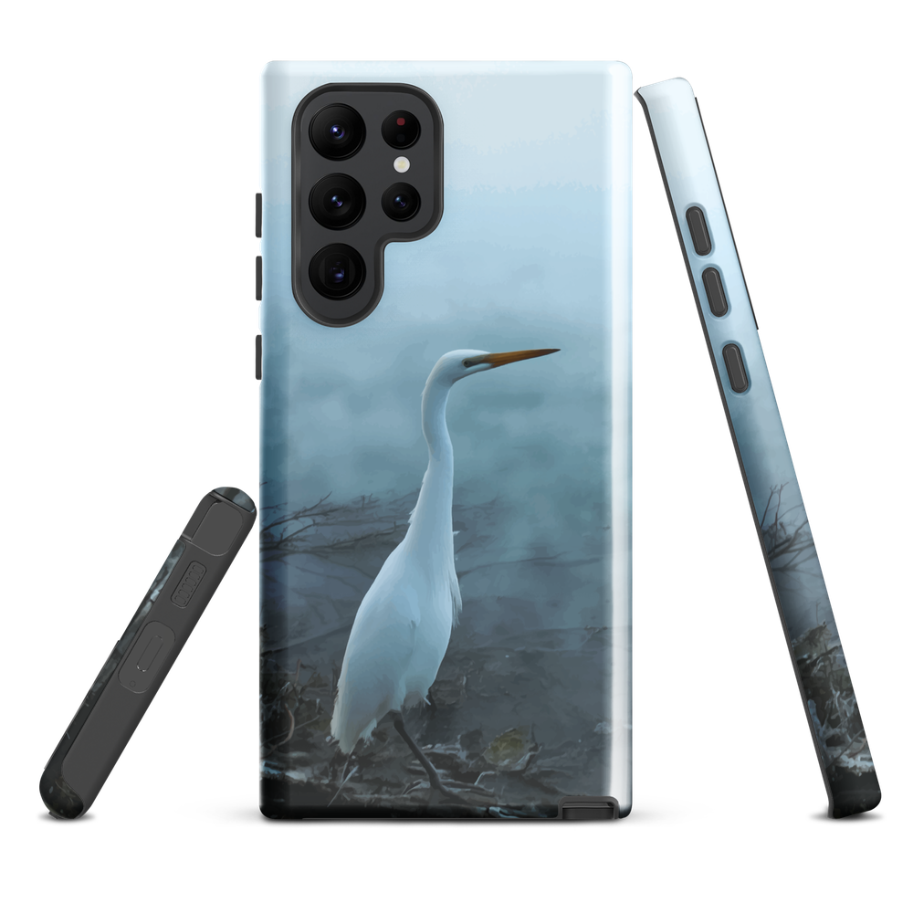 'White Heron in the mist' Samsung Galaxy S22 Ultra tough phone case - protective glossy case NZ Australia